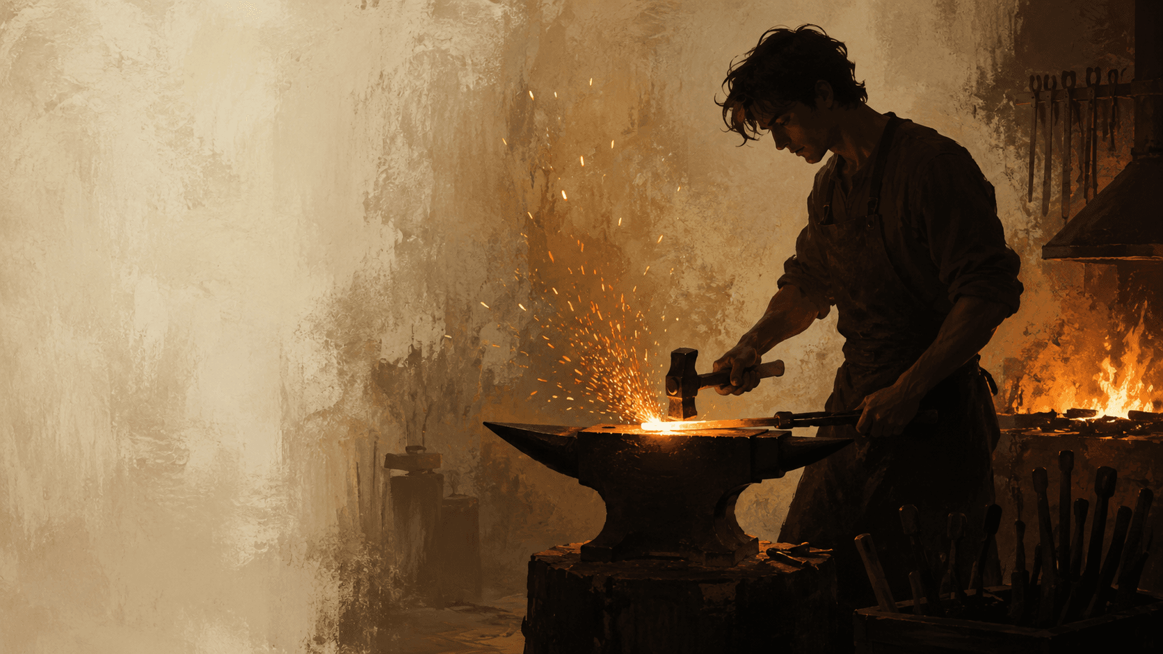 A glowing piece of metal being shaped on an anvil with controlled sparks